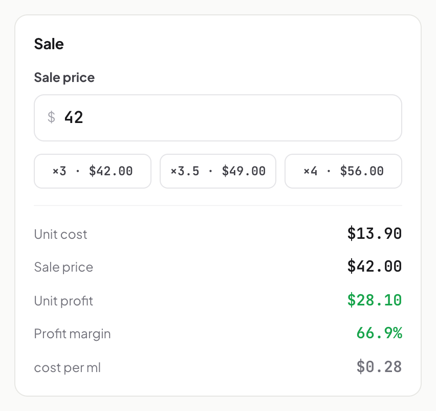 Sale card on the Cost & pricing page