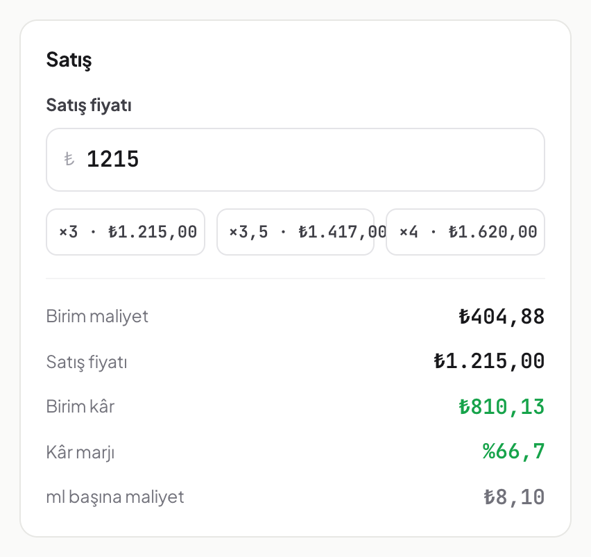 Maliyet & Satış sayfasındaki satış kartı