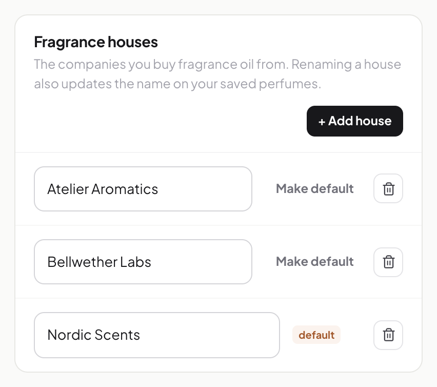 Fragrance houses list in Settings