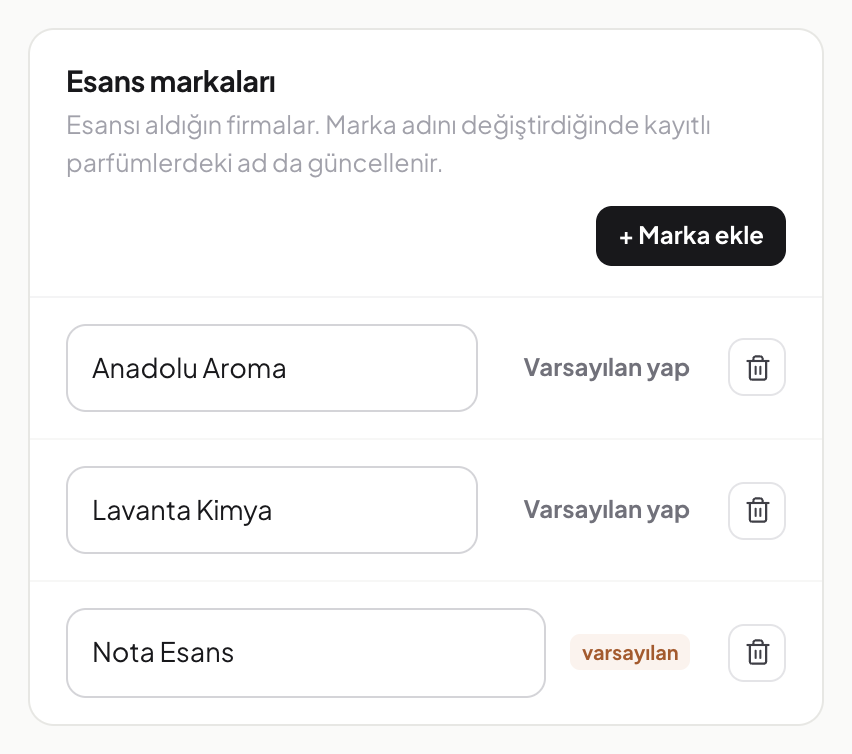 Ayarlar'daki esans markaları listesi