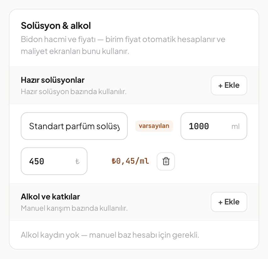 Ayarlar'daki hazır solüsyon kaydı