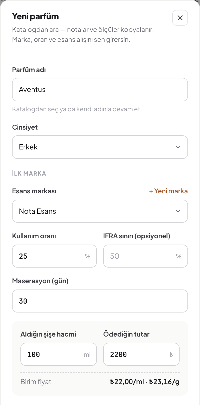 Aventus için doldurulmuş yeni parfüm formu