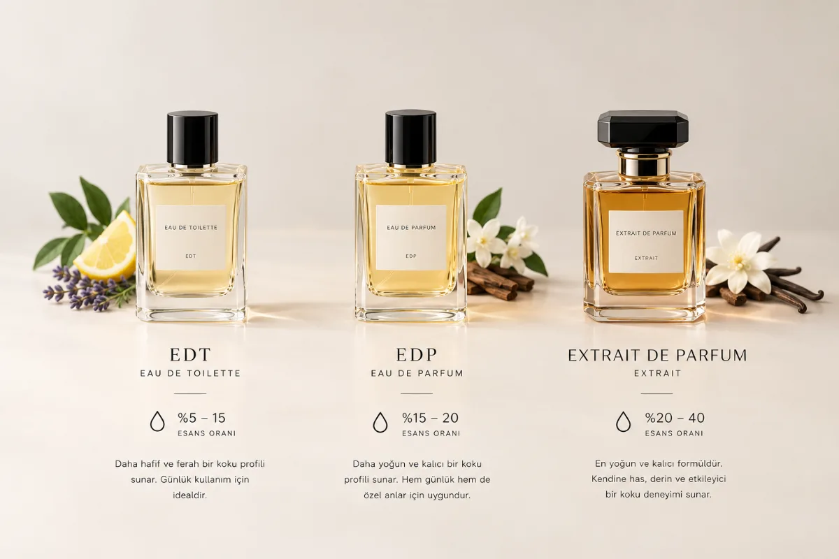 EDT, EDP ve Extrait de Parfum şişeleri yan yana; altlarında tipik esans oranları: %5–15, %15–20 ve %20–40