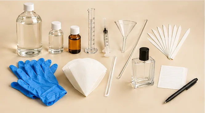 Parfüm yapım malzemeleri bir arada: alkol ve saf su şişeleri, fiksatör, mezür, şırınga, huni, cam baget, koku test kağıtları, eldiven, filtre kağıdı, parfüm şişesi, etiket ve kalem